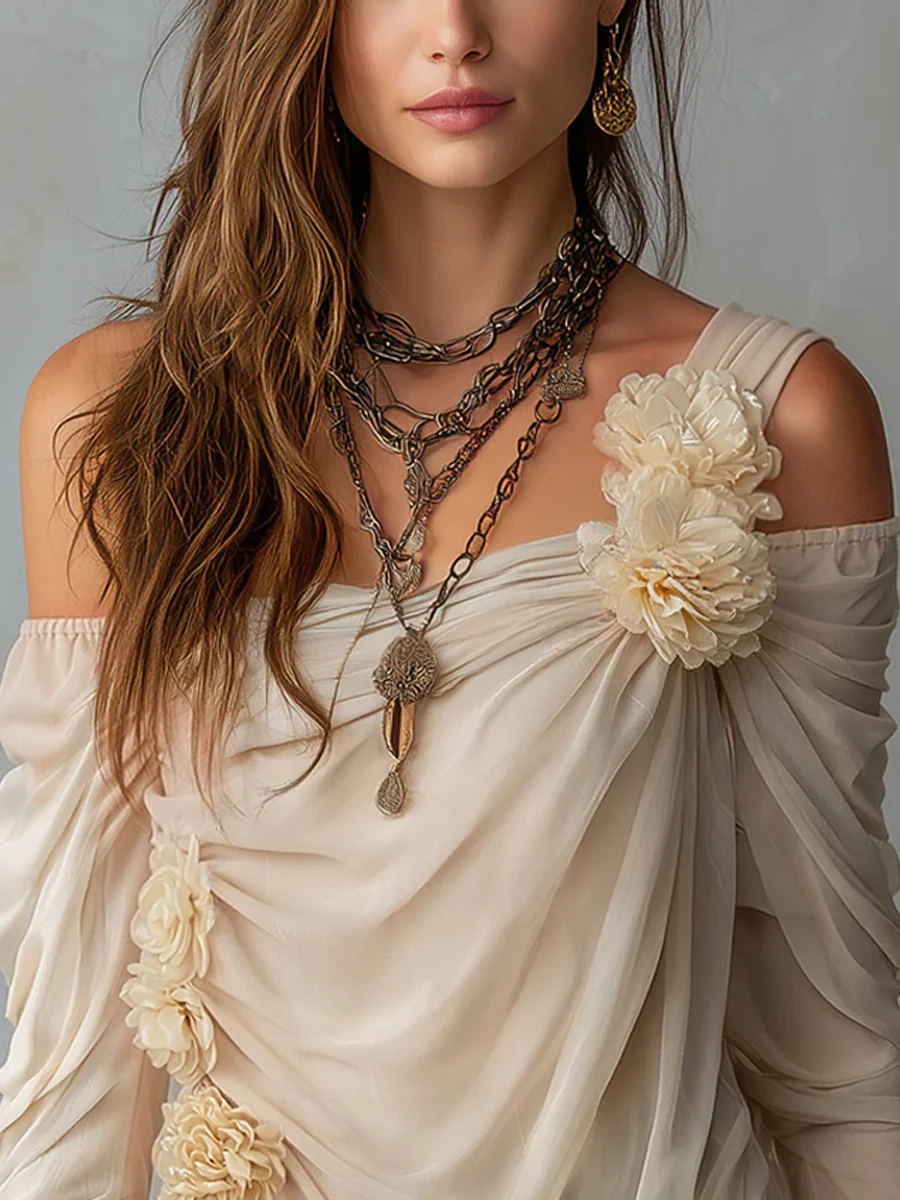 Bohemian Draped Off-Shoulder Floral Chiffon Blouse - Image 4