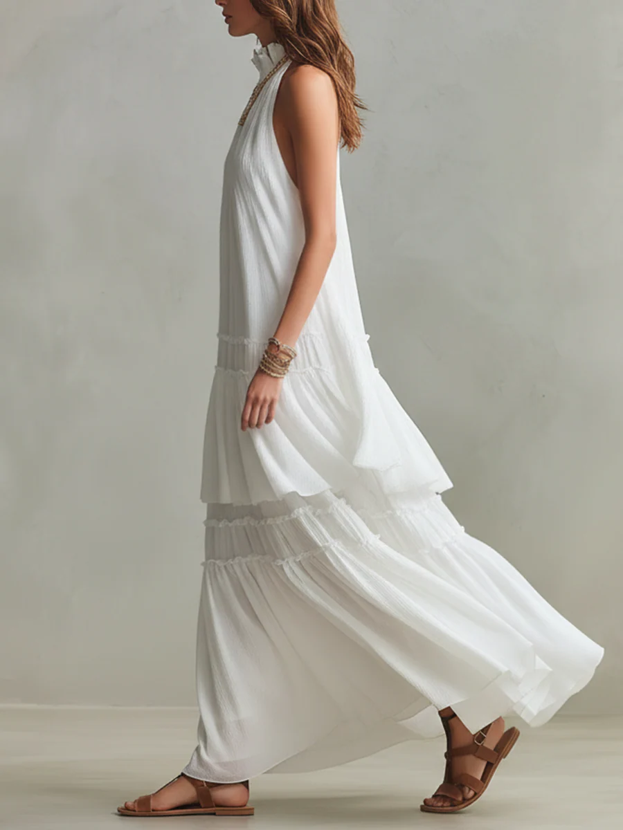 Airy High-Neck Tiered Bohemian Maxi Dress - Image 3