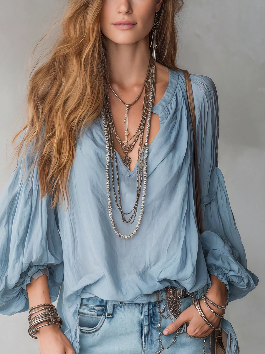 Airy Mist-Blue Bohemian Blouse - Image 3