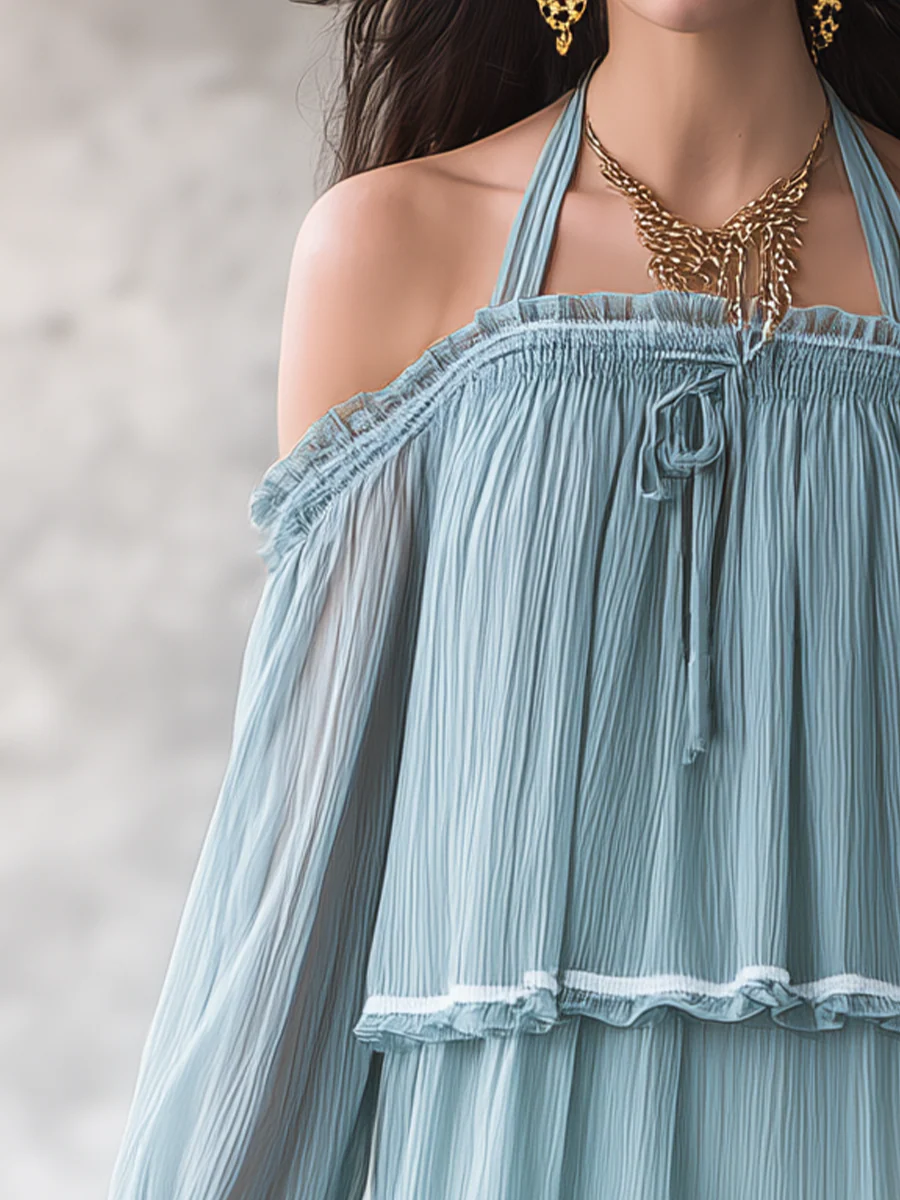 Airy Sky Blue Tiered Ruffle Halter Blouse - Image 2