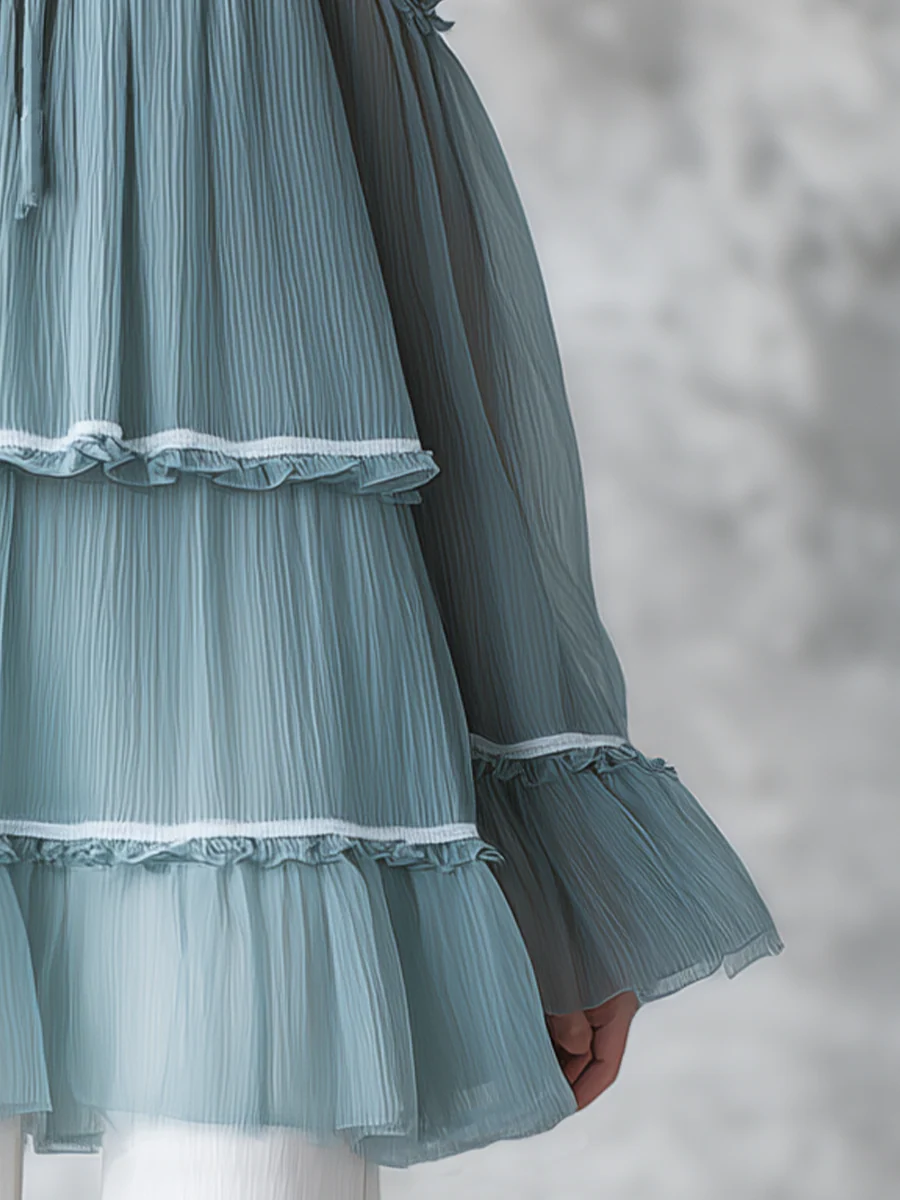 Airy Sky Blue Tiered Ruffle Halter Blouse - Image 3