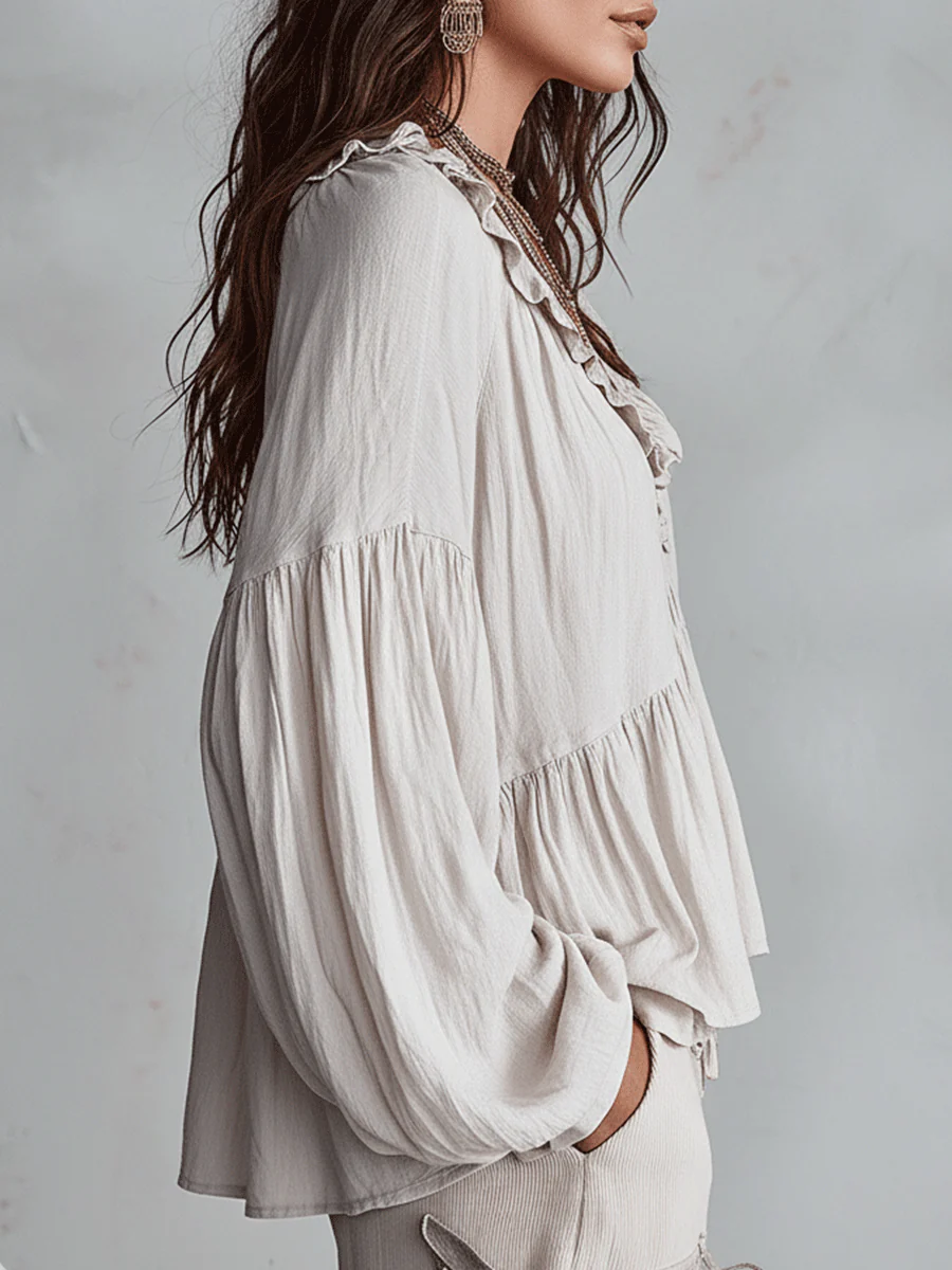 Airy Vintage-Inspired Ruffle Soft Ruffle Bohemian Blouse - Image 10