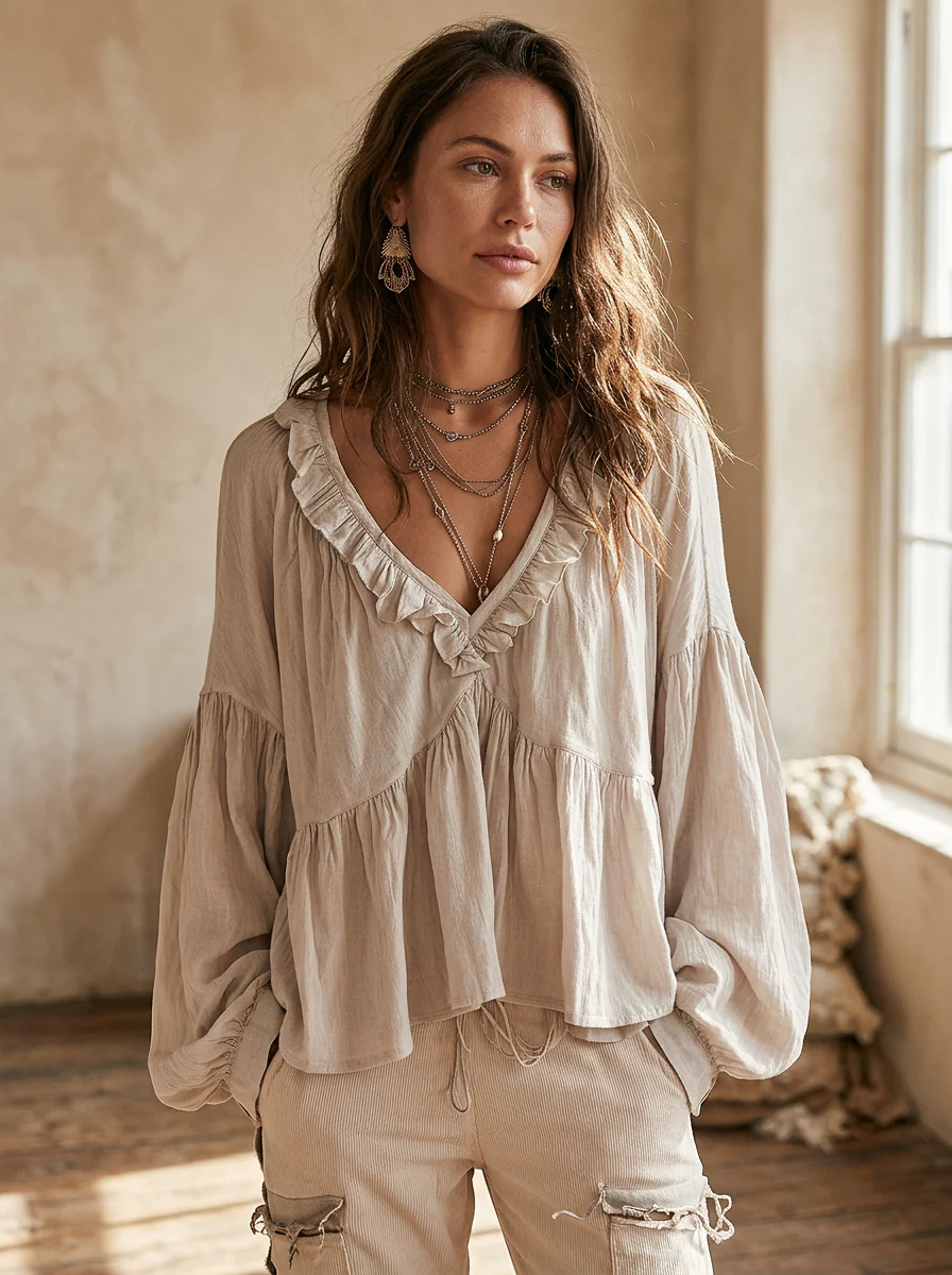 Airy Vintage-Inspired Ruffle Soft Ruffle Bohemian Blouse - Image 3