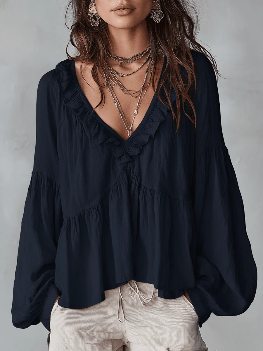 Airy Vintage-Inspired Ruffle Soft Ruffle Bohemian Blouse - Image 5