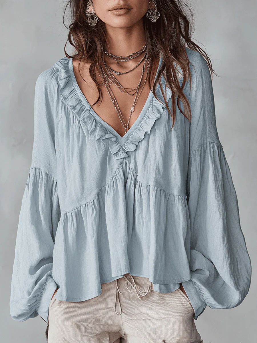 Airy Vintage-Inspired Ruffle Soft Ruffle Bohemian Blouse - Image 6