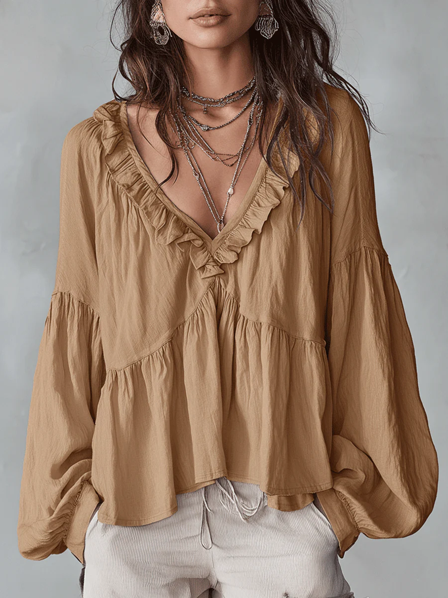 Airy Vintage-Inspired Ruffle Soft Ruffle Bohemian Blouse - Image 7