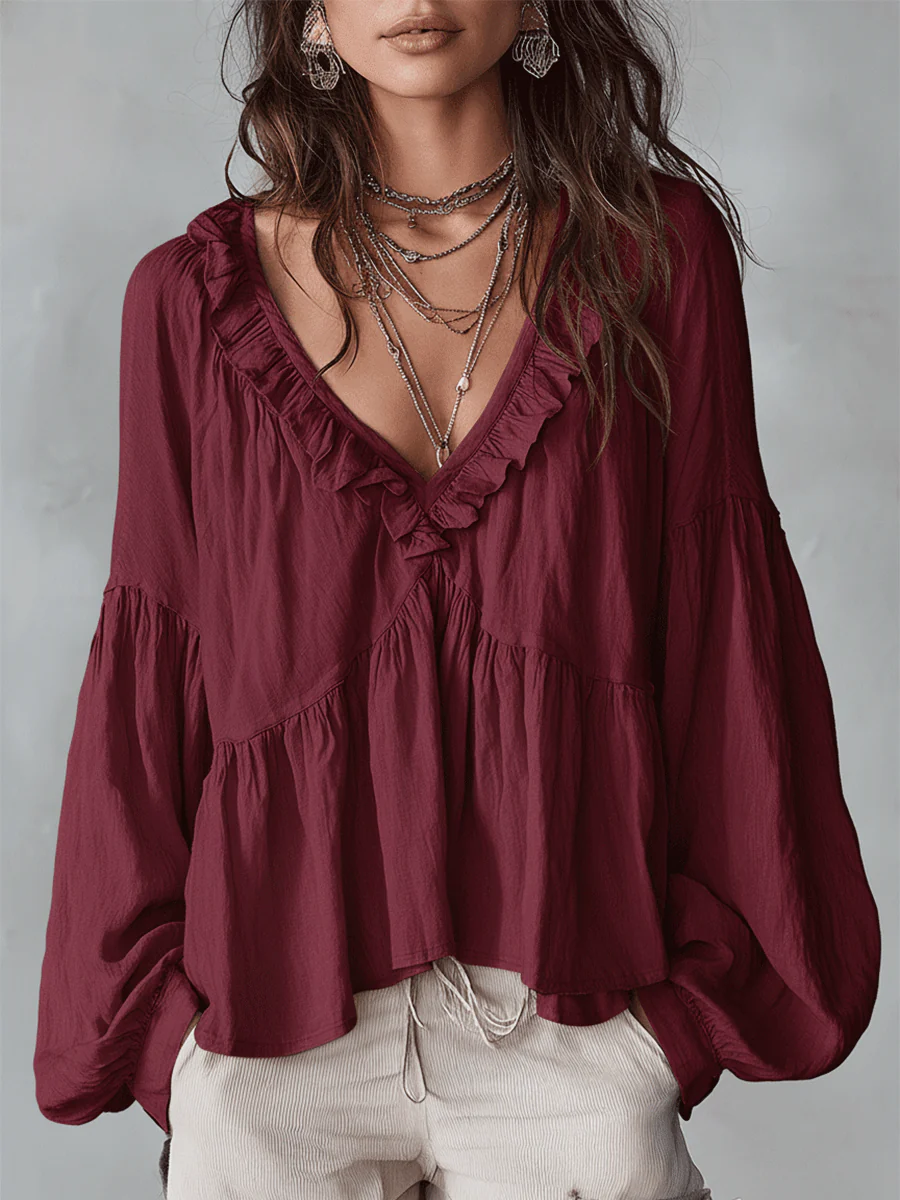 Airy Vintage-Inspired Ruffle Soft Ruffle Bohemian Blouse - Image 8