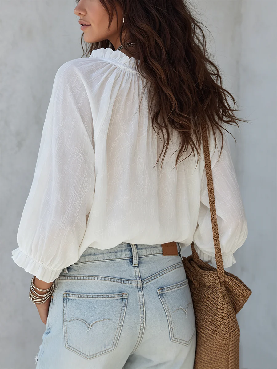 Airy White Lace-Up Boho Blouse - Image 4