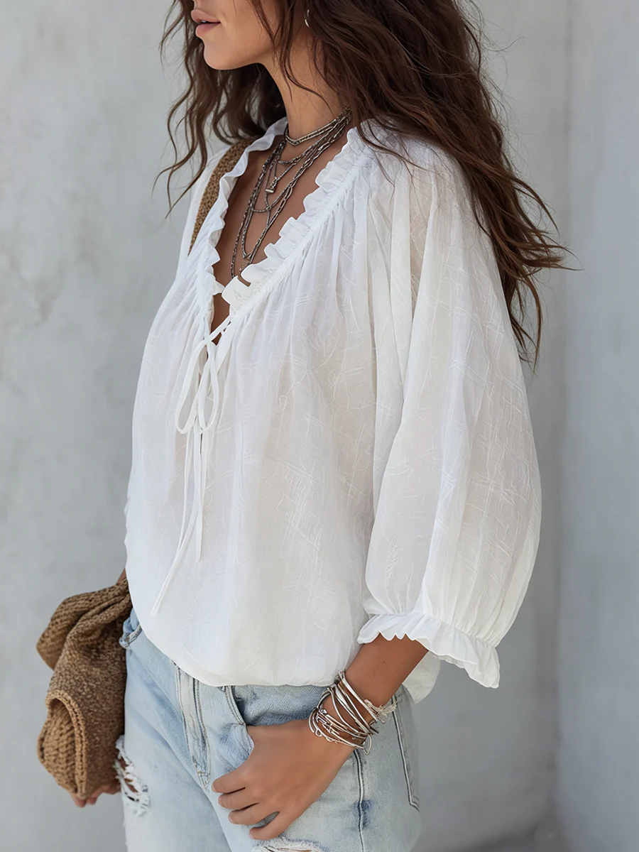 Airy White Lace-Up Boho Blouse - Image 5