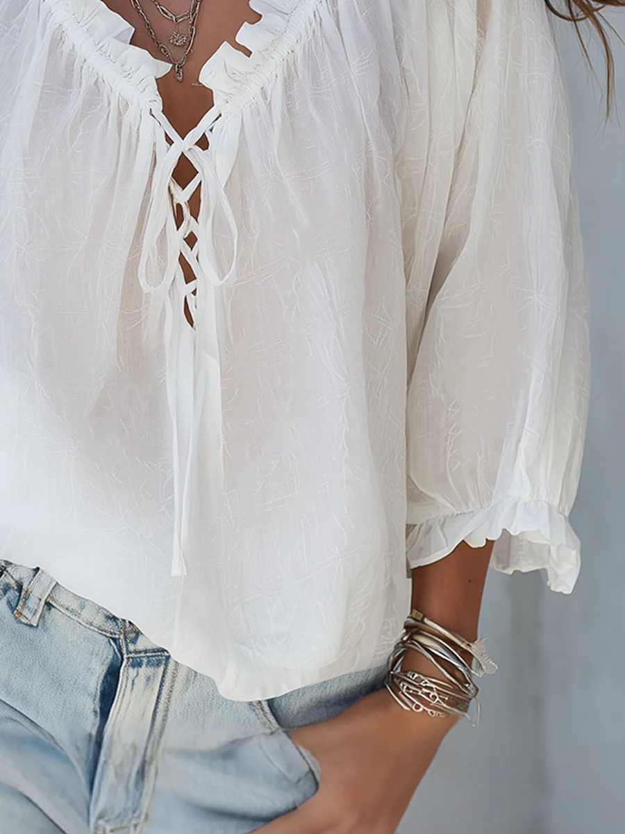 Airy White Lace-Up Boho Blouse - Image 7