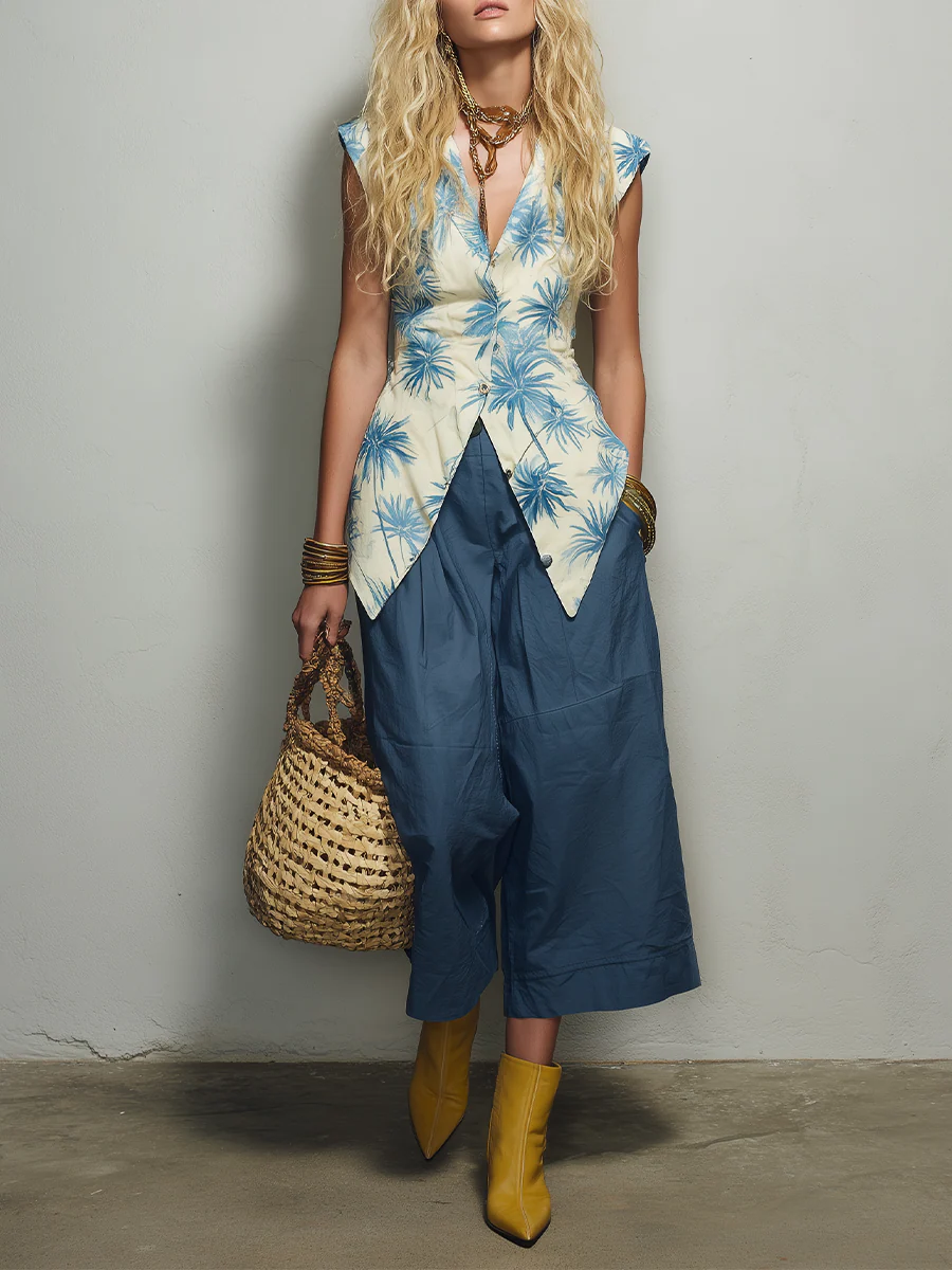 Artistic Resort Floral Vest & Cropped Wide Leg Pants Set