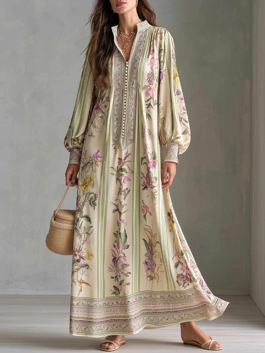 Baroque Khaki Botanical Print Maxi Dress