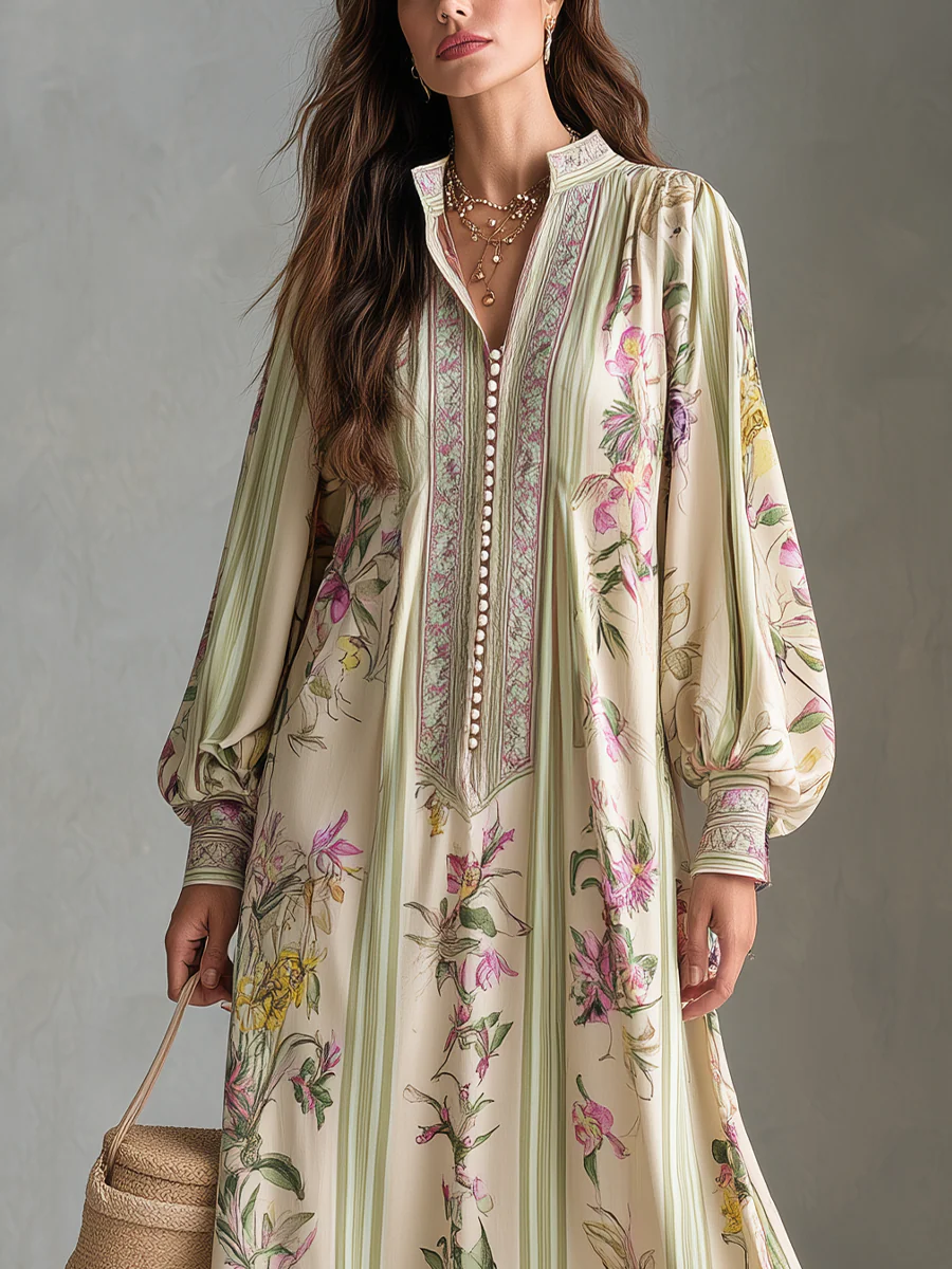 Baroque Khaki Botanical Print Maxi Dress - Image 2