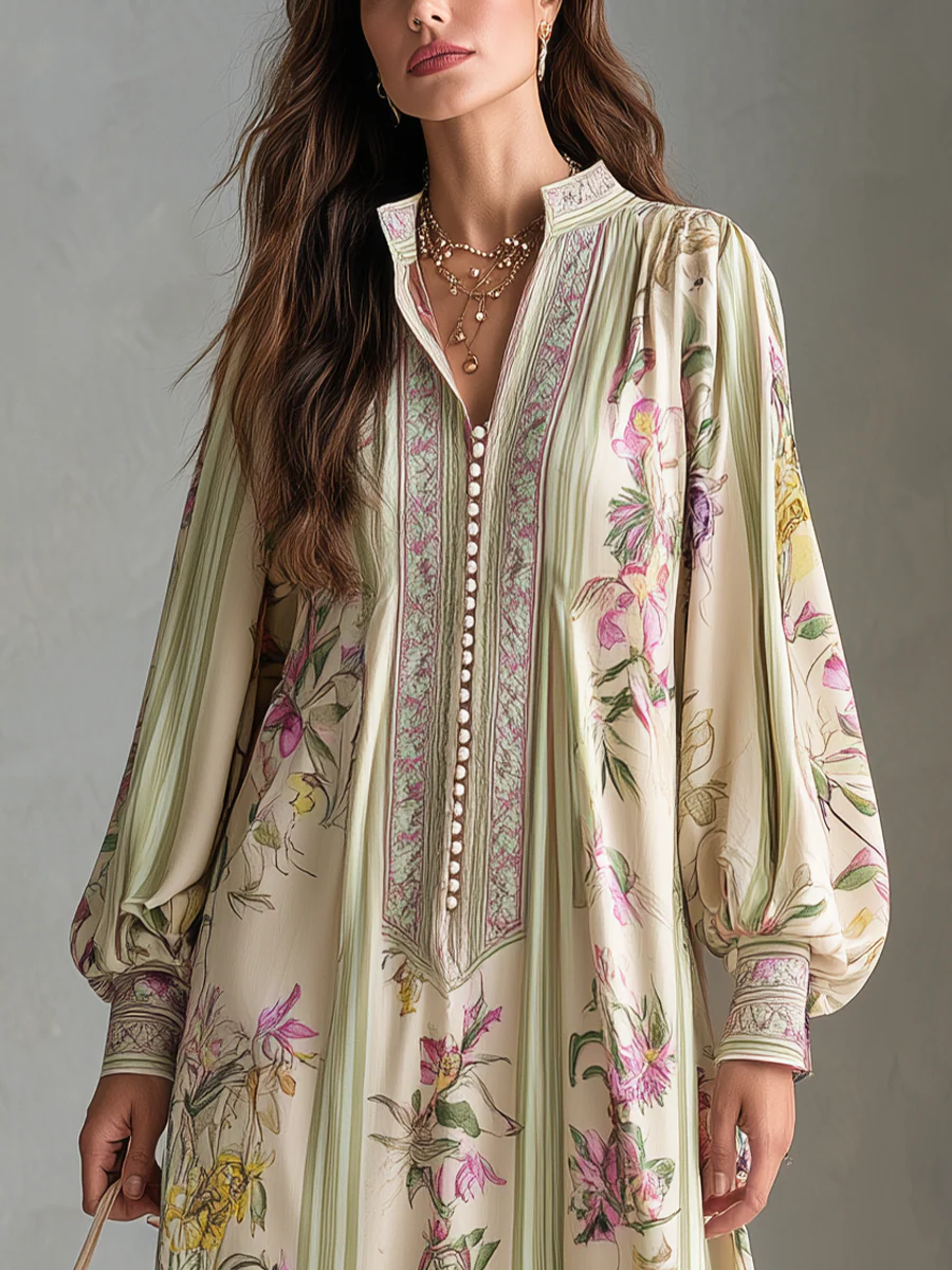 Baroque Khaki Botanical Print Maxi Dress - Image 3