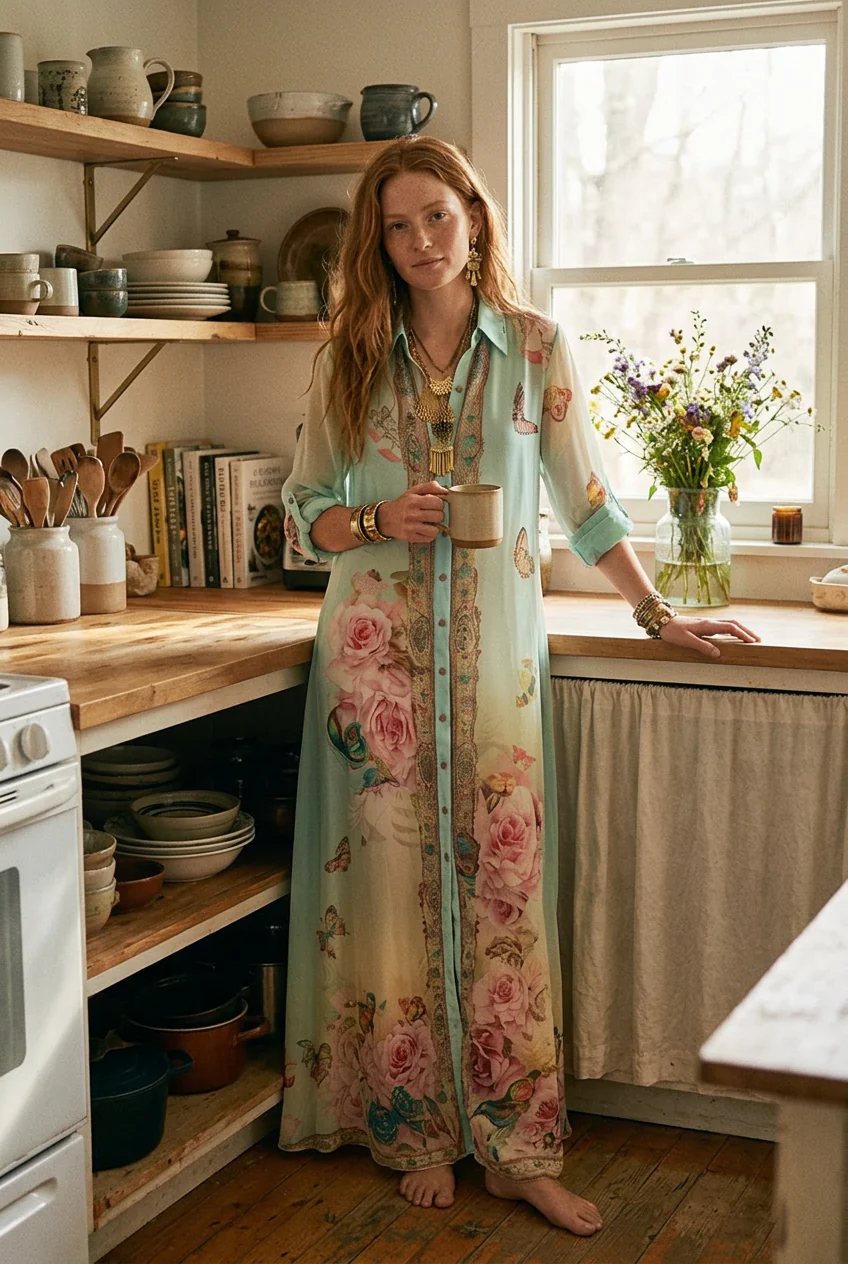 Baroque Style Mint Green Chiffon Floral Maxi Dress - Image 5