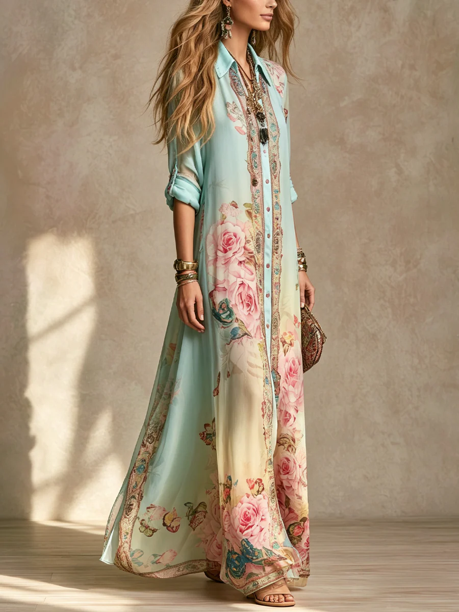 Baroque Style Mint Green Chiffon Floral Maxi Dress - Image 6