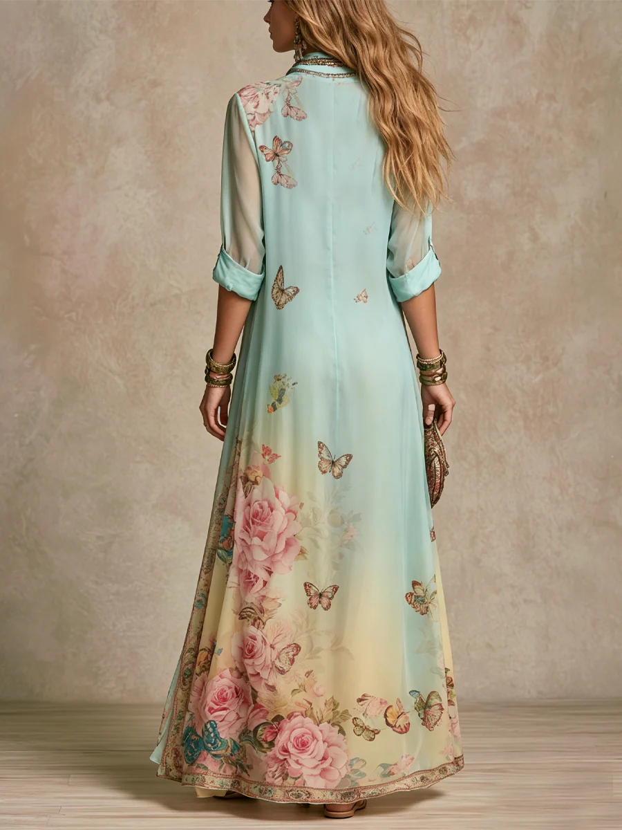 Baroque Style Mint Green Chiffon Floral Maxi Dress - Image 7