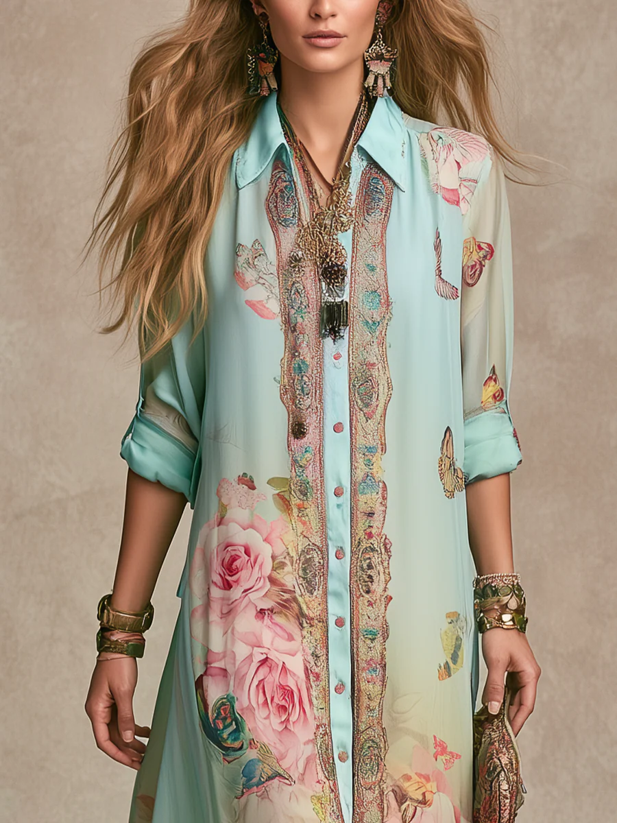 Baroque Style Mint Green Chiffon Floral Maxi Dress - Image 8