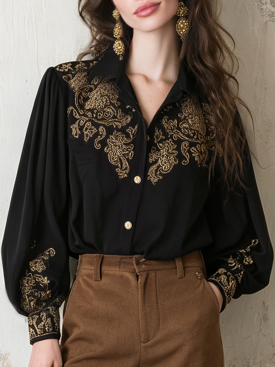Black Baroque Embroidered Button Shirt