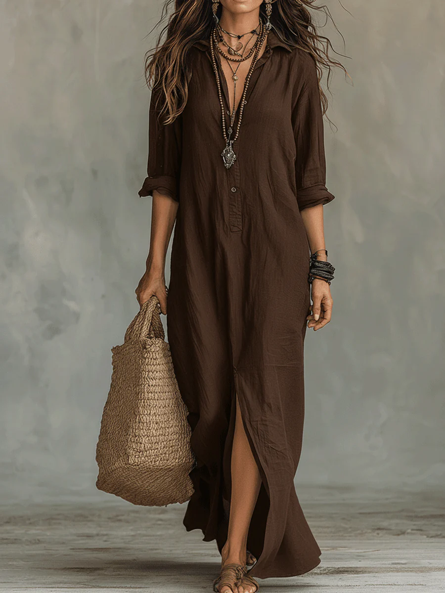 Black Button-Front Bohemian Shirt Maxi Dress - Image 5