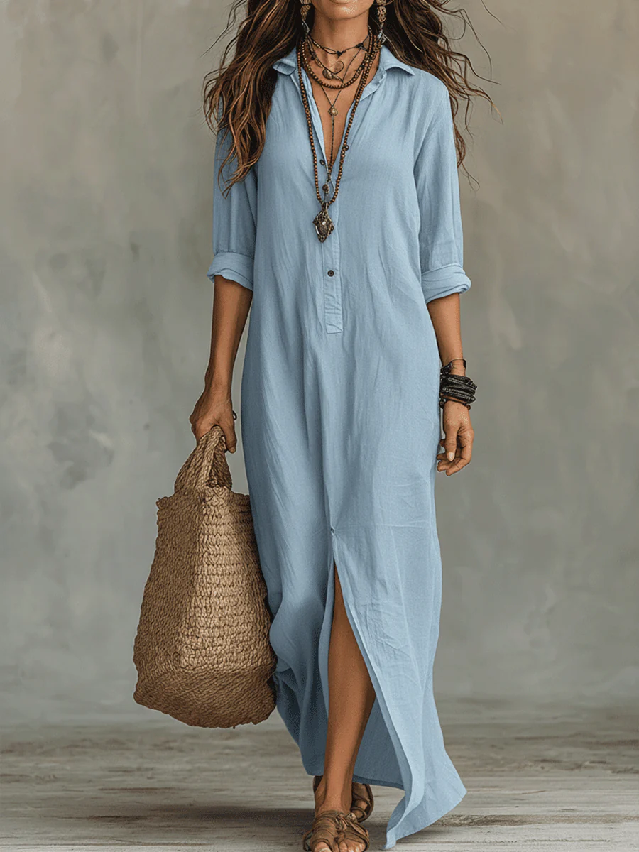 Black Button-Front Bohemian Shirt Maxi Dress - Image 8