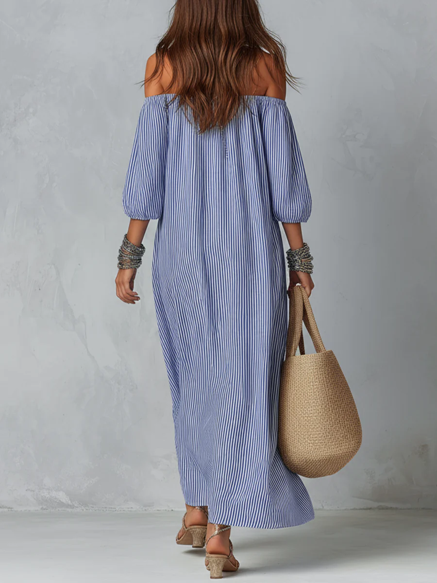 Blue And White Striped Off-the-shoulder Loose-fitting Resort Dress - Image 2