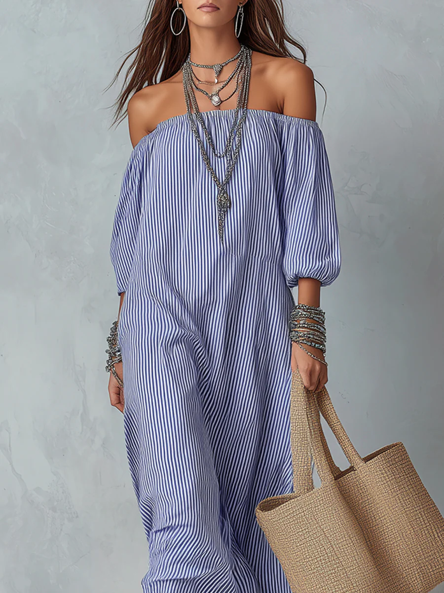 Blue And White Striped Off-the-shoulder Loose-fitting Resort Dress - Image 3