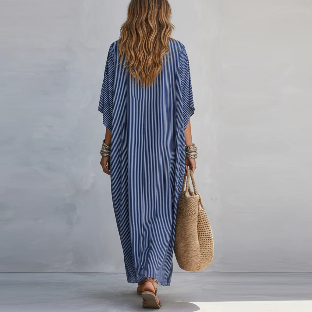 Blue Pinstripe Minimalist Long Dress - Image 2