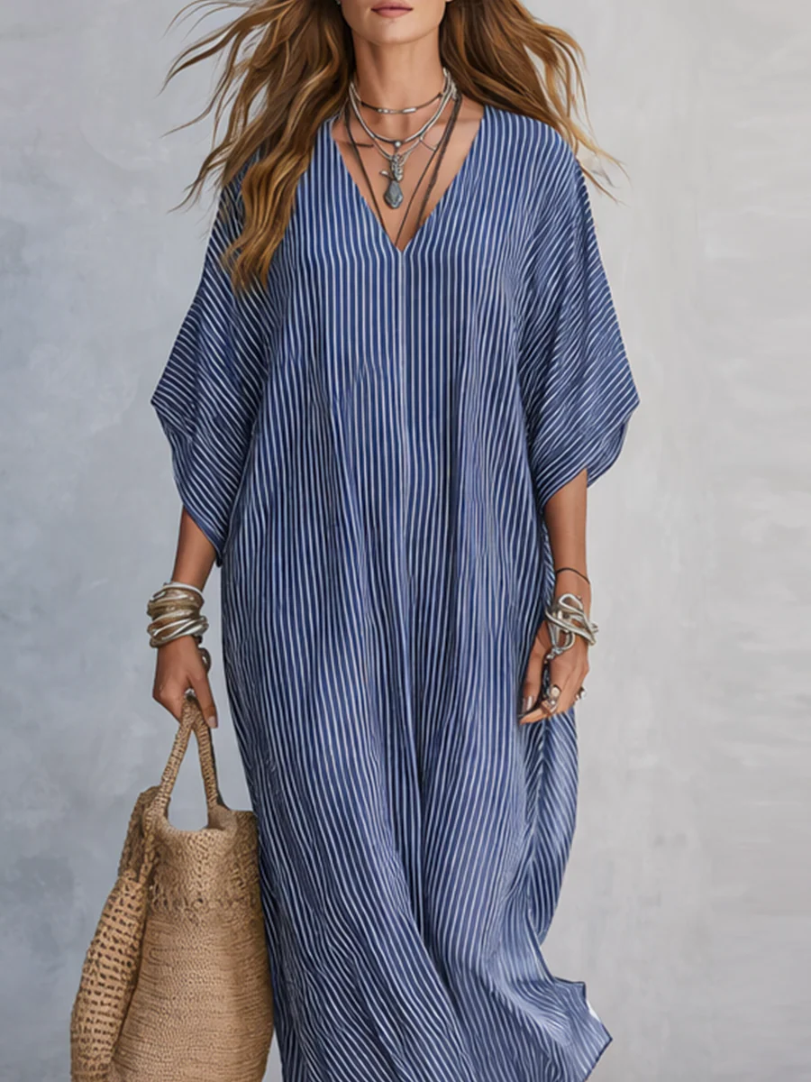 Blue Pinstripe Minimalist Long Dress - Image 3