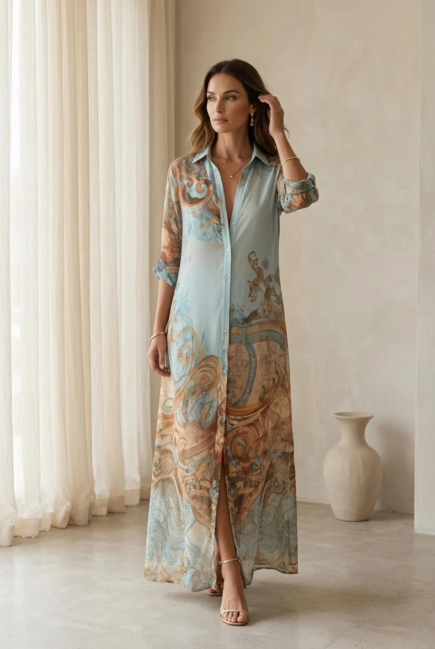 Baroque Style Floral Blue Chiffon Maxi Dress - Image 2