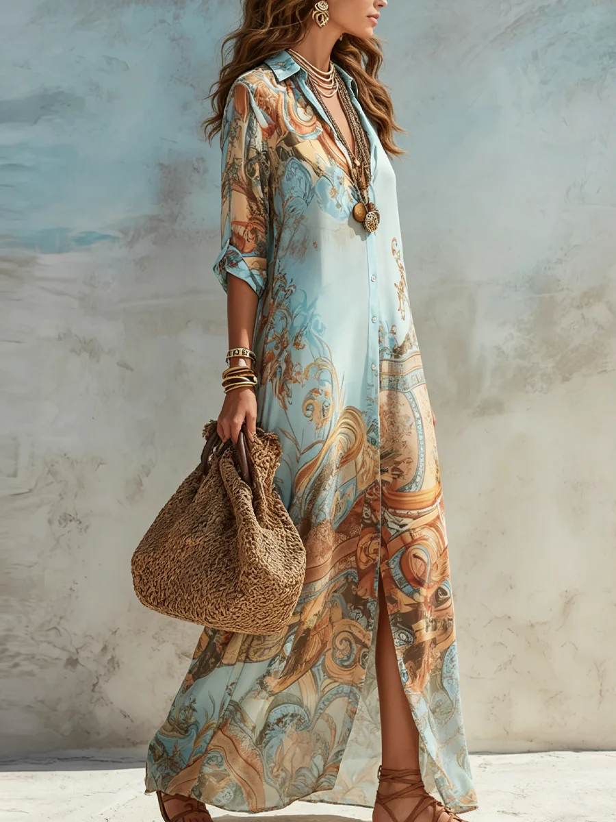 Baroque Style Floral Blue Chiffon Maxi Dress - Image 4