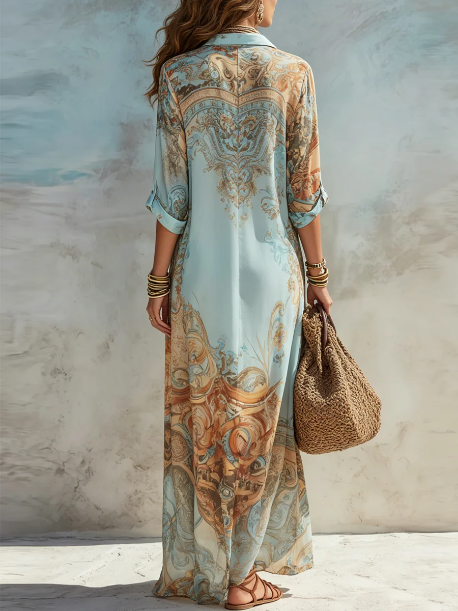 Baroque Style Floral Blue Chiffon Maxi Dress - Image 5