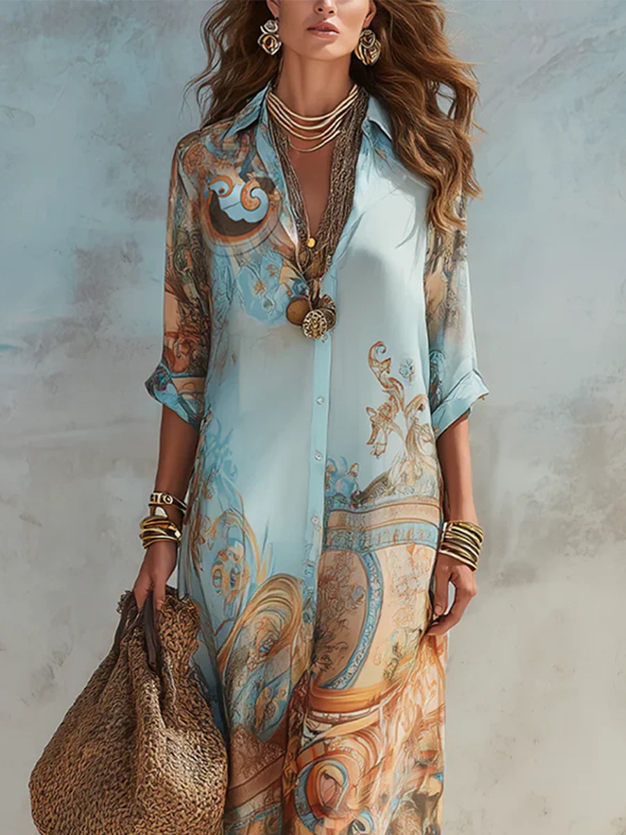 Baroque Style Floral Blue Chiffon Maxi Dress - Image 6