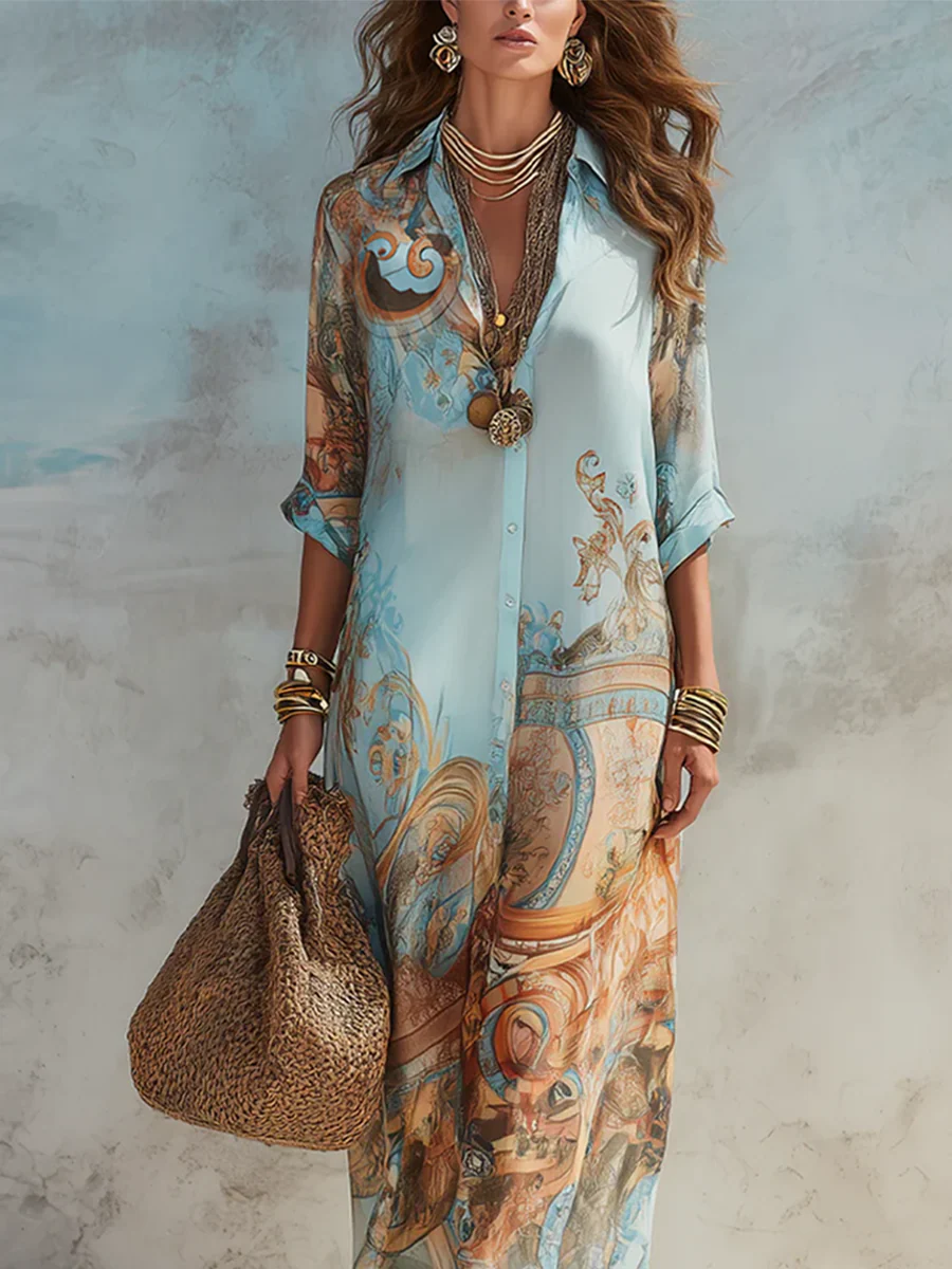 Baroque Style Floral Blue Chiffon Maxi Dress - Image 7