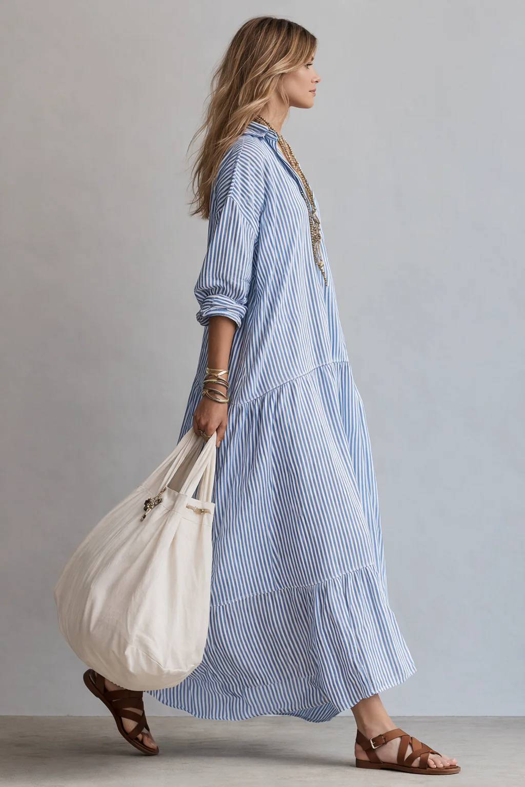 Blue Stripe Relaxed Shirt Maxi Dress - Image 3