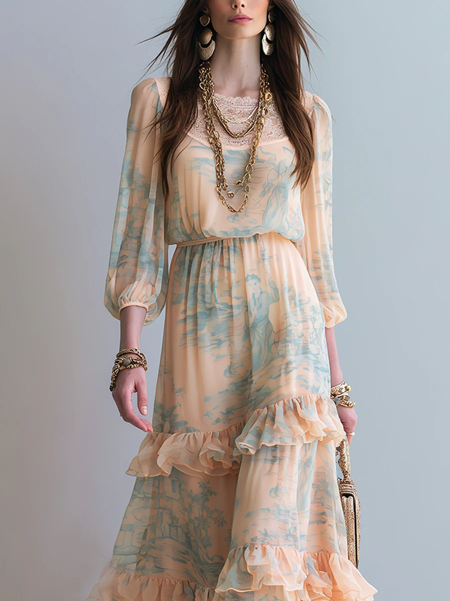Bohemian Apricot Ruffled Maxi Dress - Image 3