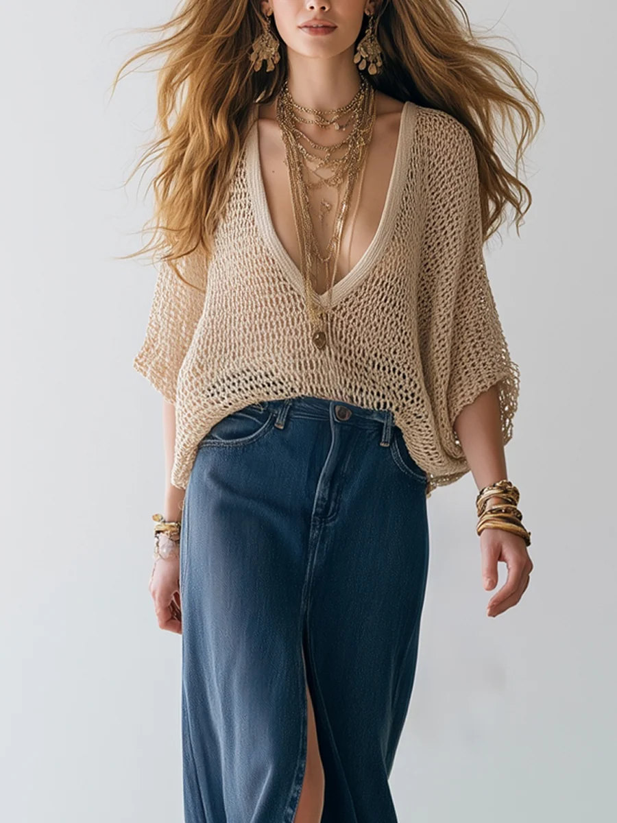 Bohemian Beige Knit Top And Denim Skirt Set - Image 3