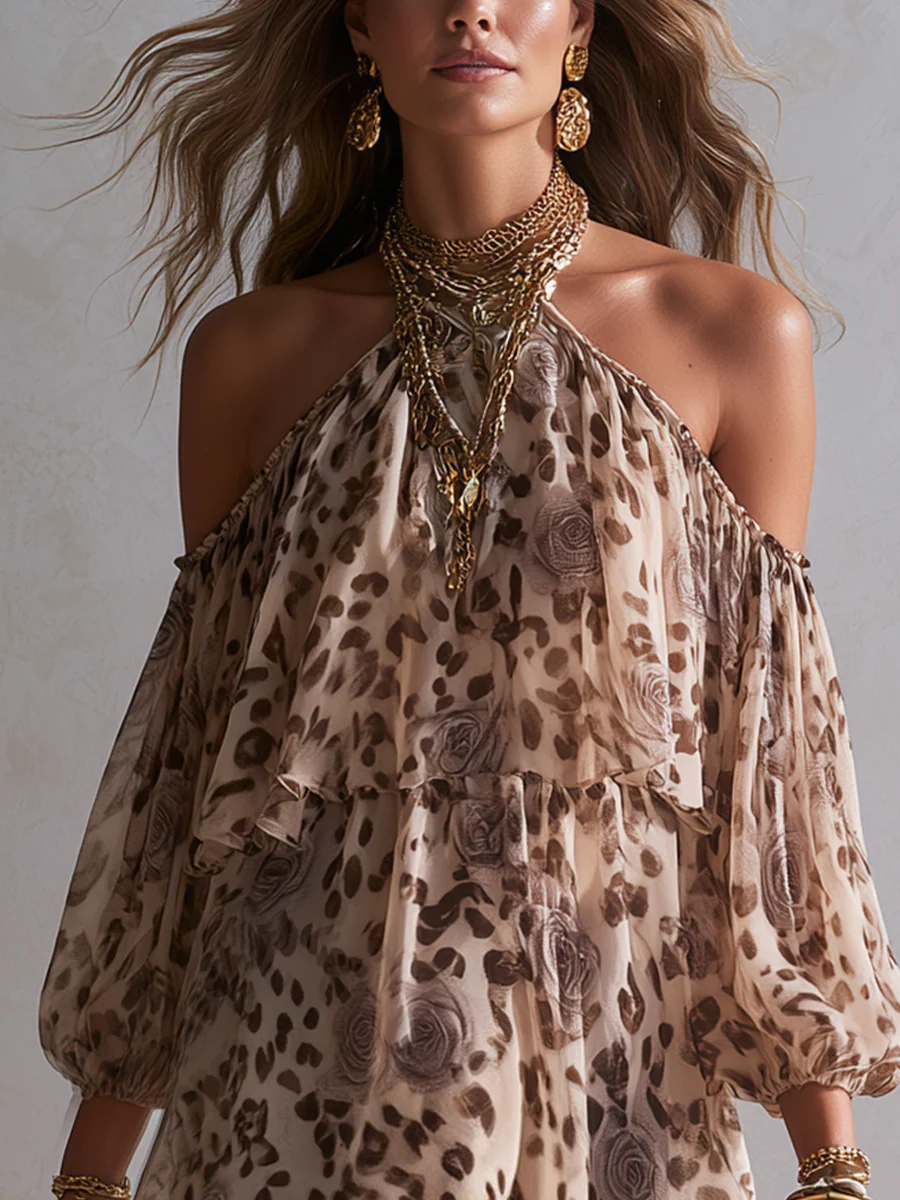 Bohemian Beige Leopard Print Off Shoulder Top - Image 2
