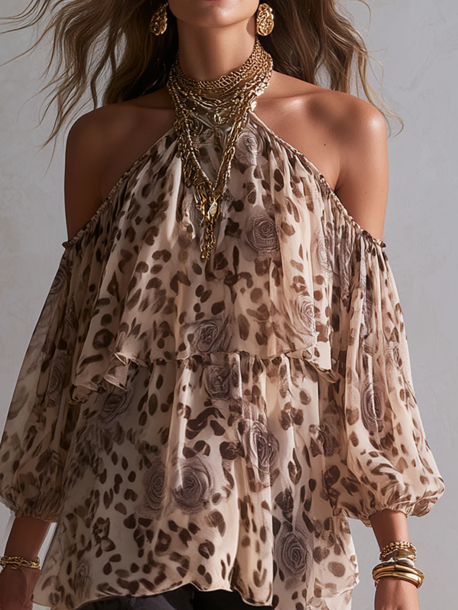 Bohemian Beige Leopard Print Off Shoulder Top - Image 3