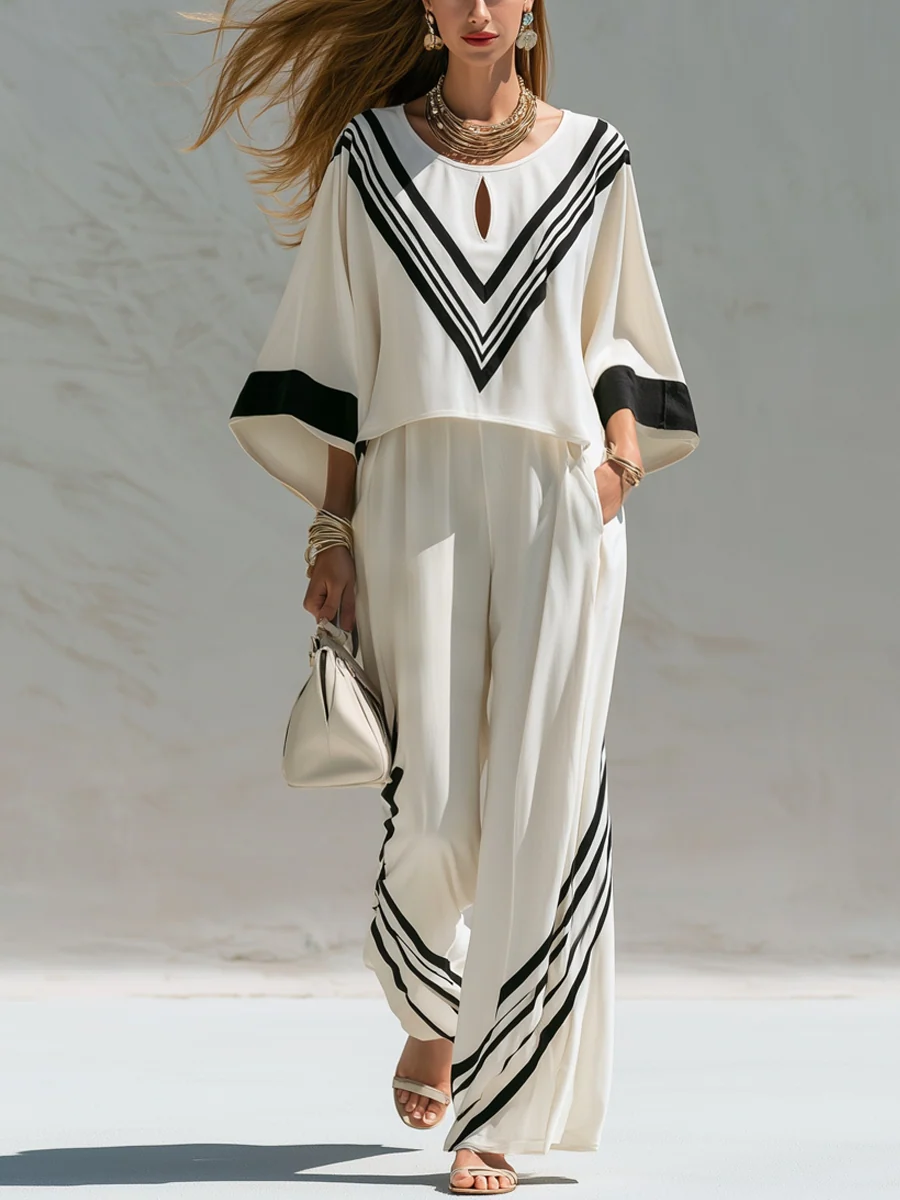 Bohemian Black And White Color-blocked Piping Suit