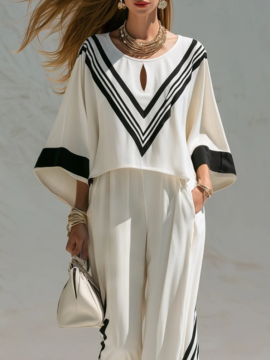 Bohemian Black And White Color-blocked Piping Suit - Image 2