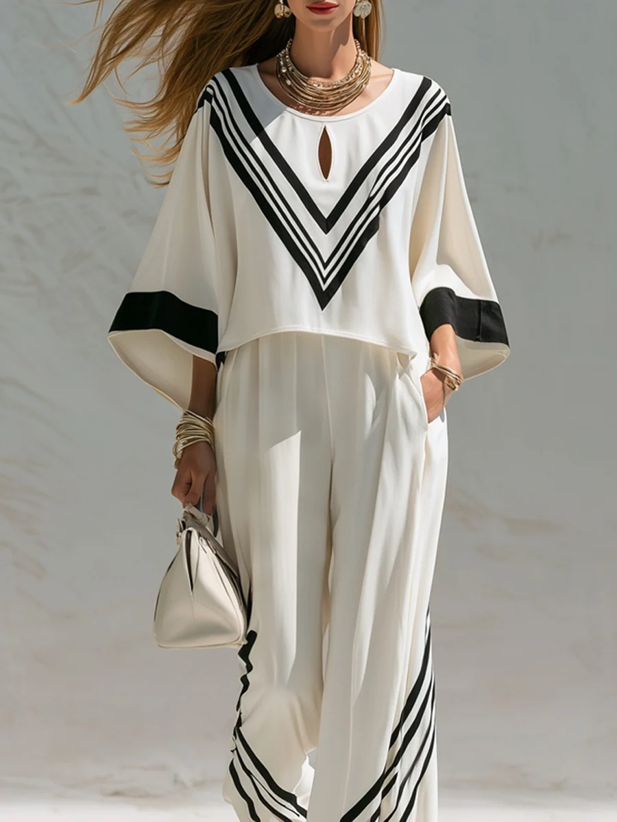 Bohemian Black And White Color-blocked Piping Suit - Image 3