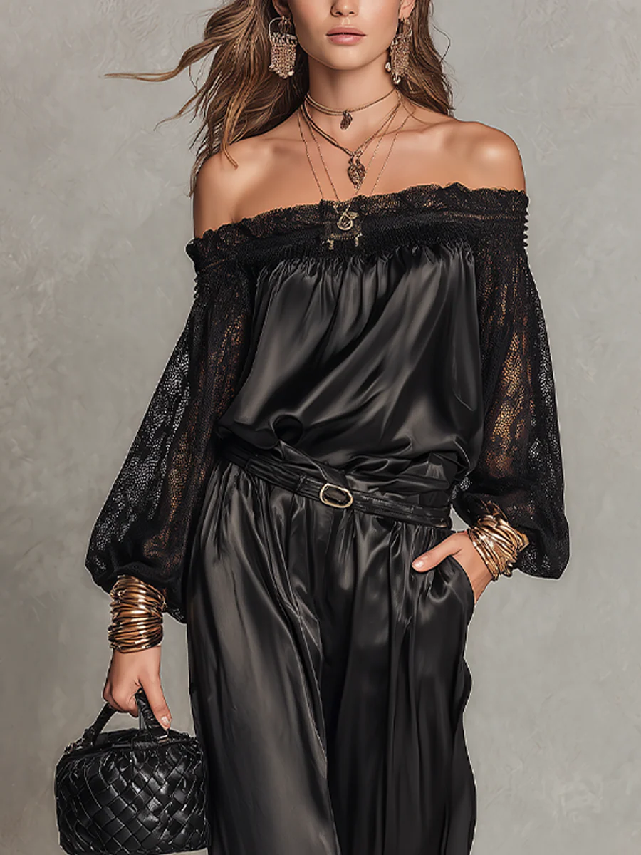 Bohemian Black Lace Off-Shoulder Suit - Image 2