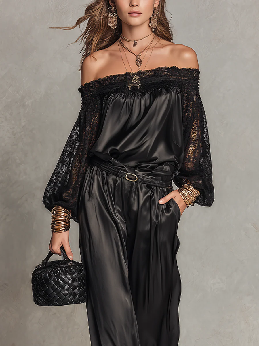 Bohemian Black Lace Off-Shoulder Suit - Image 3