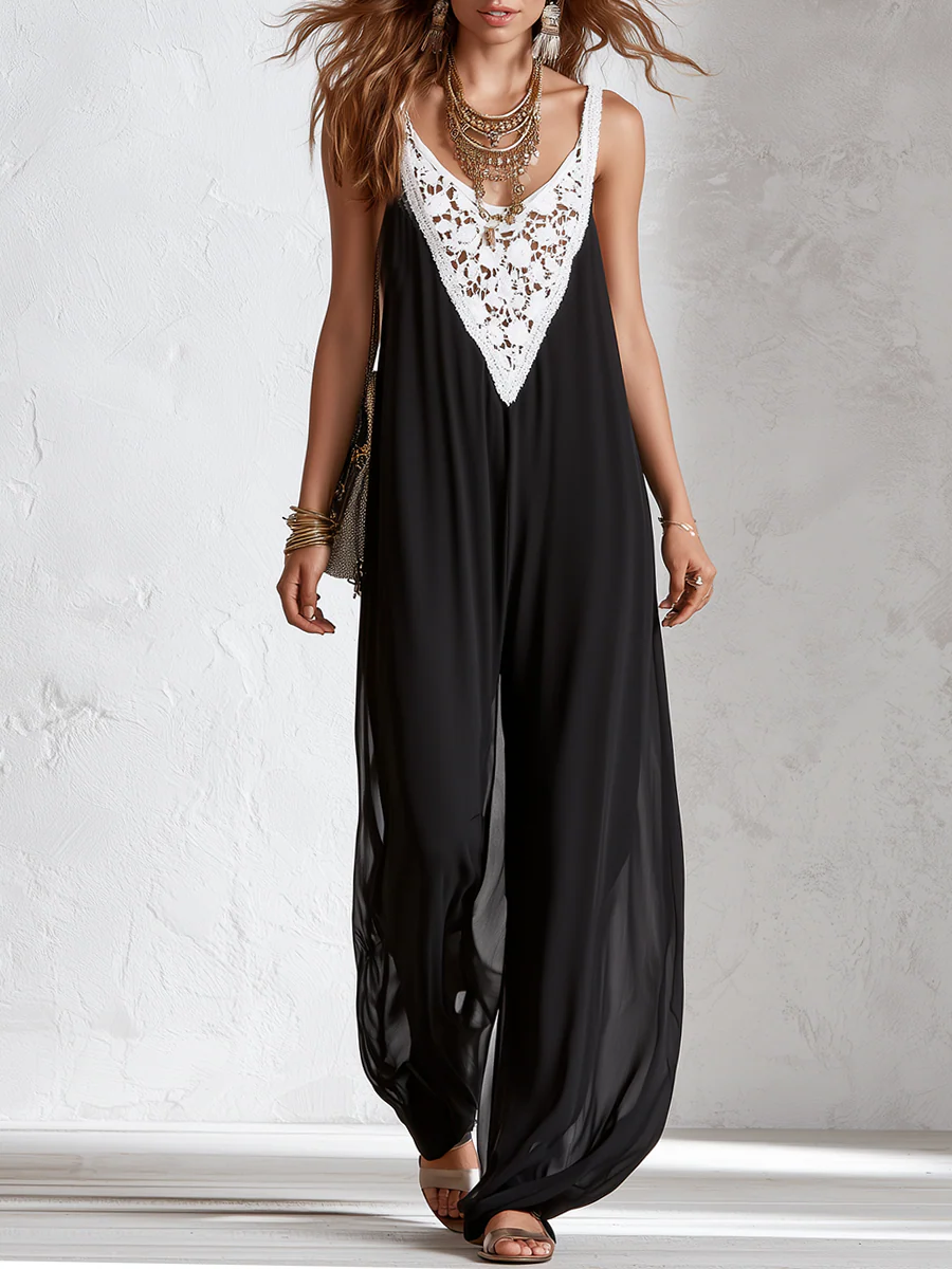 Bohemian Black Lace Panel Sleeveless Wide Leg Jumpsuit