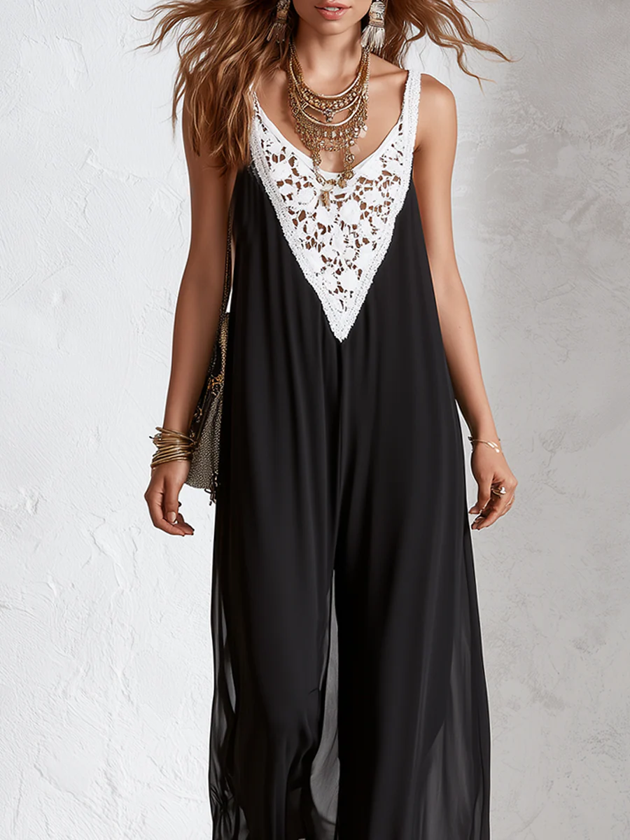 Bohemian Black Lace Panel Sleeveless Wide Leg Jumpsuit - Image 2