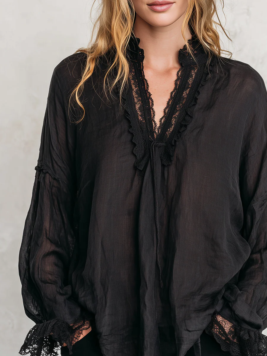 Bohemian Black Lace Tie-front Shirt - Image 2