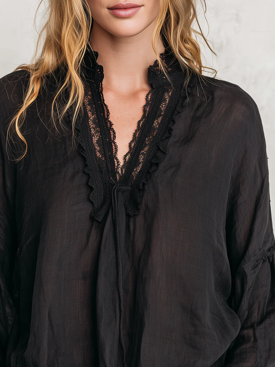 Bohemian Black Lace Tie-front Shirt - Image 3
