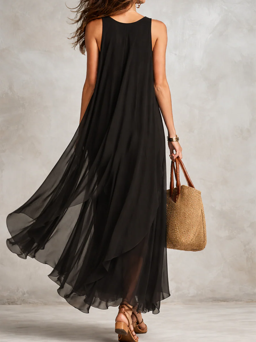 Bohemian Black Layered Chiffon Maxi Dress - Image 2