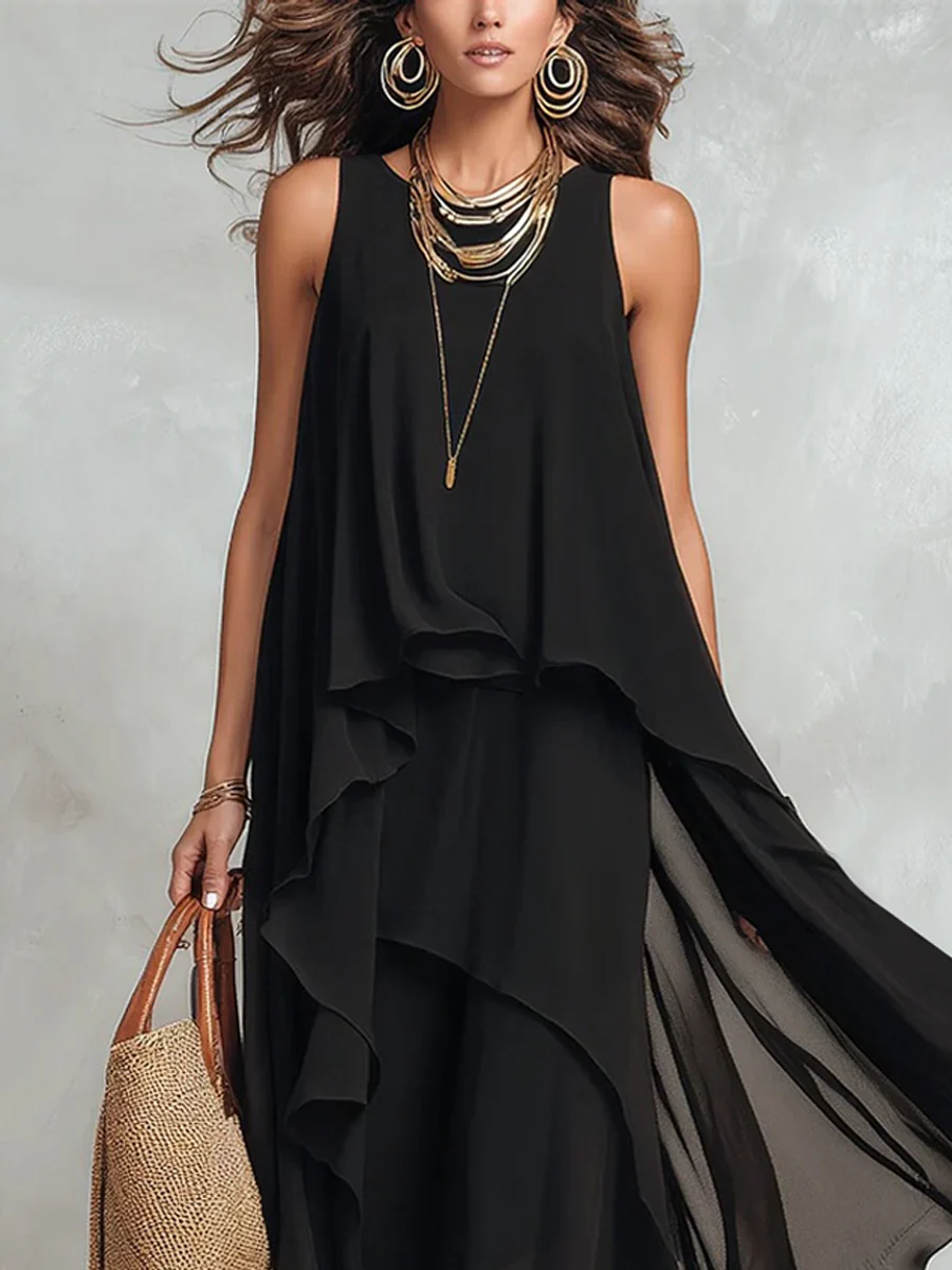 Bohemian Black Layered Chiffon Maxi Dress - Image 3